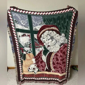 Christmas Santa Goodwin Weavers Throw Blanket 58" x 48" 100% Cotton Afghan USA